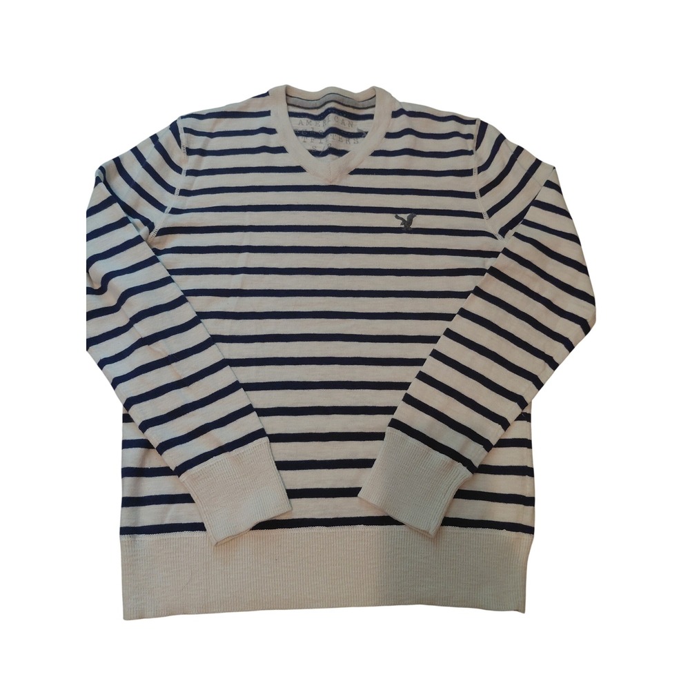 American Eagle Outfitters Womens V-Neck Striped Sweater Navy Blue Cream Small